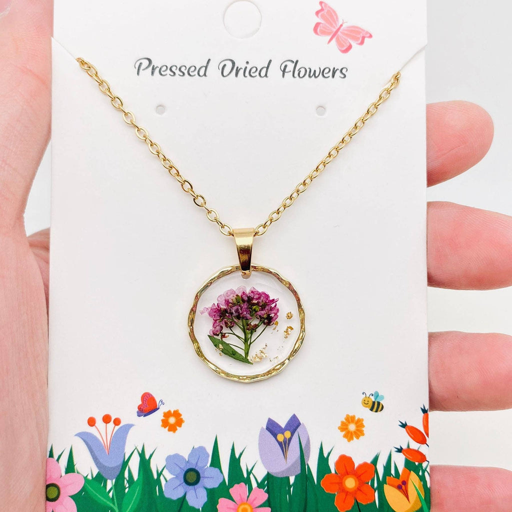 Genuine Pressed Flowers Floral Round Pendant Necklace, White Queen Anne's Lace
