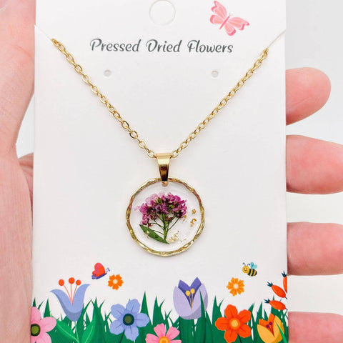 Genuine Pressed Flowers Floral Round Pendant Necklace, White Queen Anne's Lace