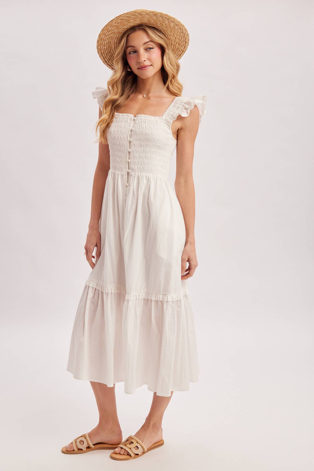 Women's Smocked Square Neck Midi Dress with Hidden Side Pockets - Soft White