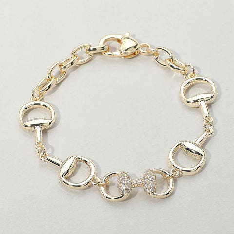 14K Gold Plated CZ Stone Pave Crystal Equestrian Bit Chain Bracelet - Gold