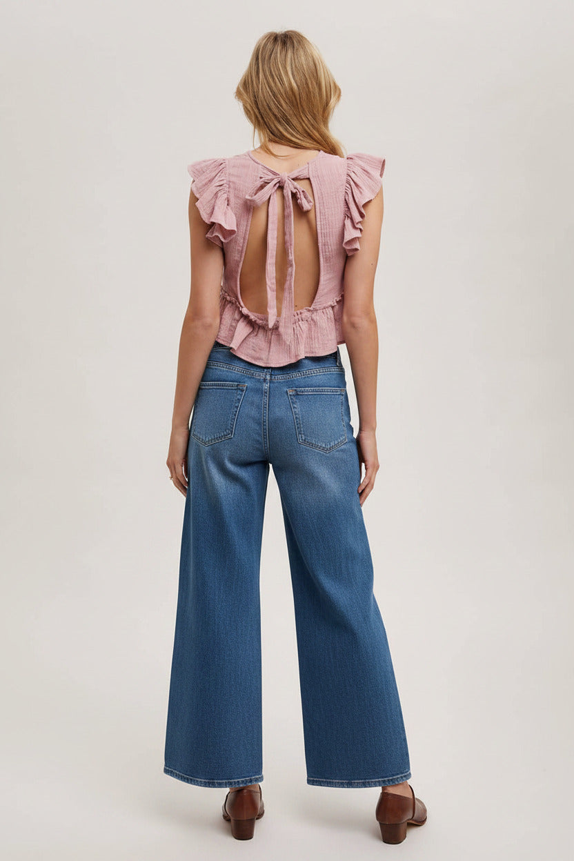 Women's Ruffled Semi Cropped Top - Petal Rose Pink