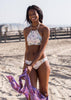 Tween/Teen Reversible Eco-friendly, Sustainable Swim Halter Top - Isla Corsica Natural Floral/Lt Lavender