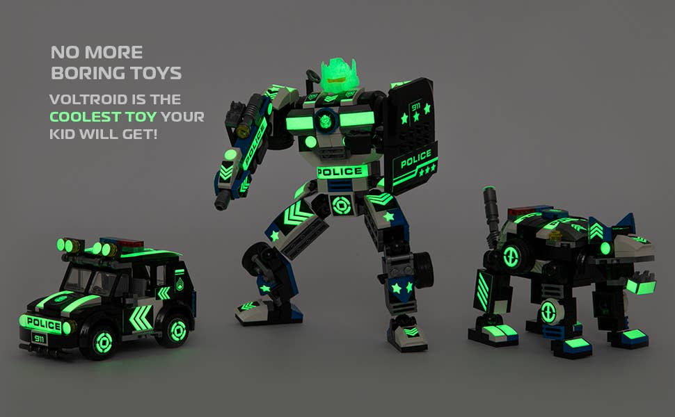 Robotryx Block Builder Set 3-in-1 (279 pc), Ages 6Y-Adult, Police Glow-in-the-Dark, Voltroid