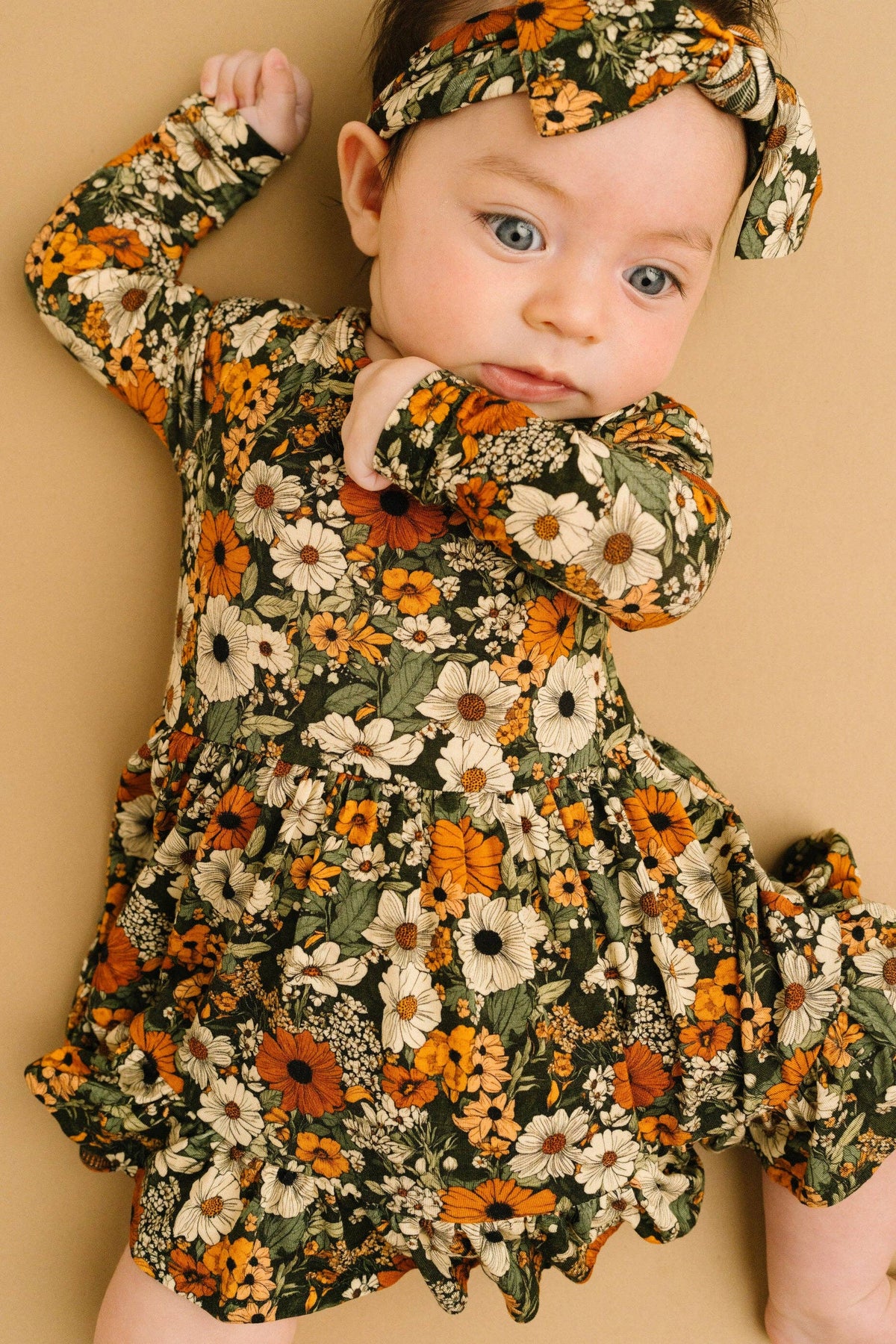 Bamboo Zippered L/S Twirl Bodysuit Dress w/Bow Back - Green & Burnt Orange, Rustic Blooms