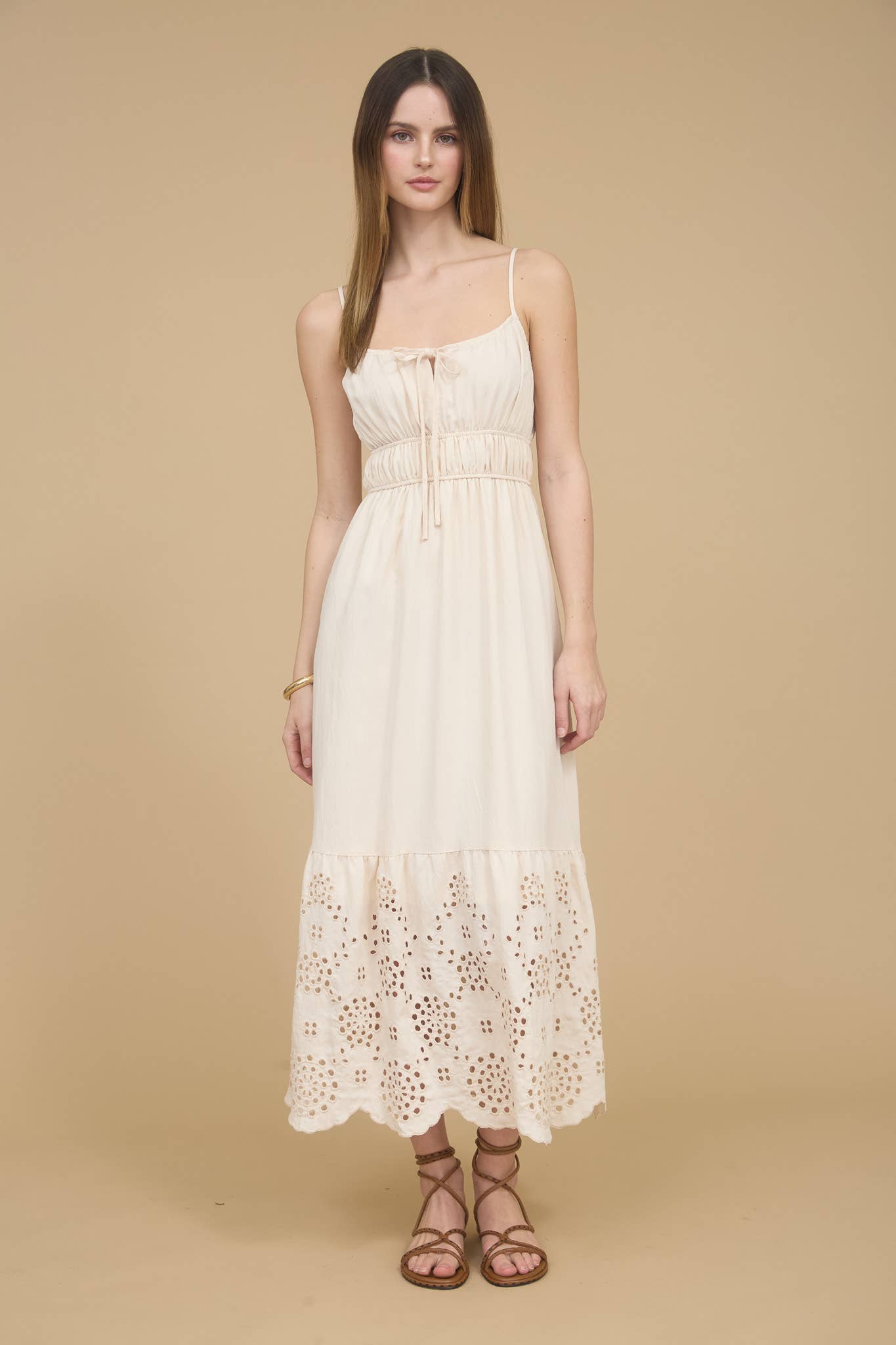 Women's Spaghetti Strap Scalloped Eyelet Lace Hem Sun Dress - Natural Shell