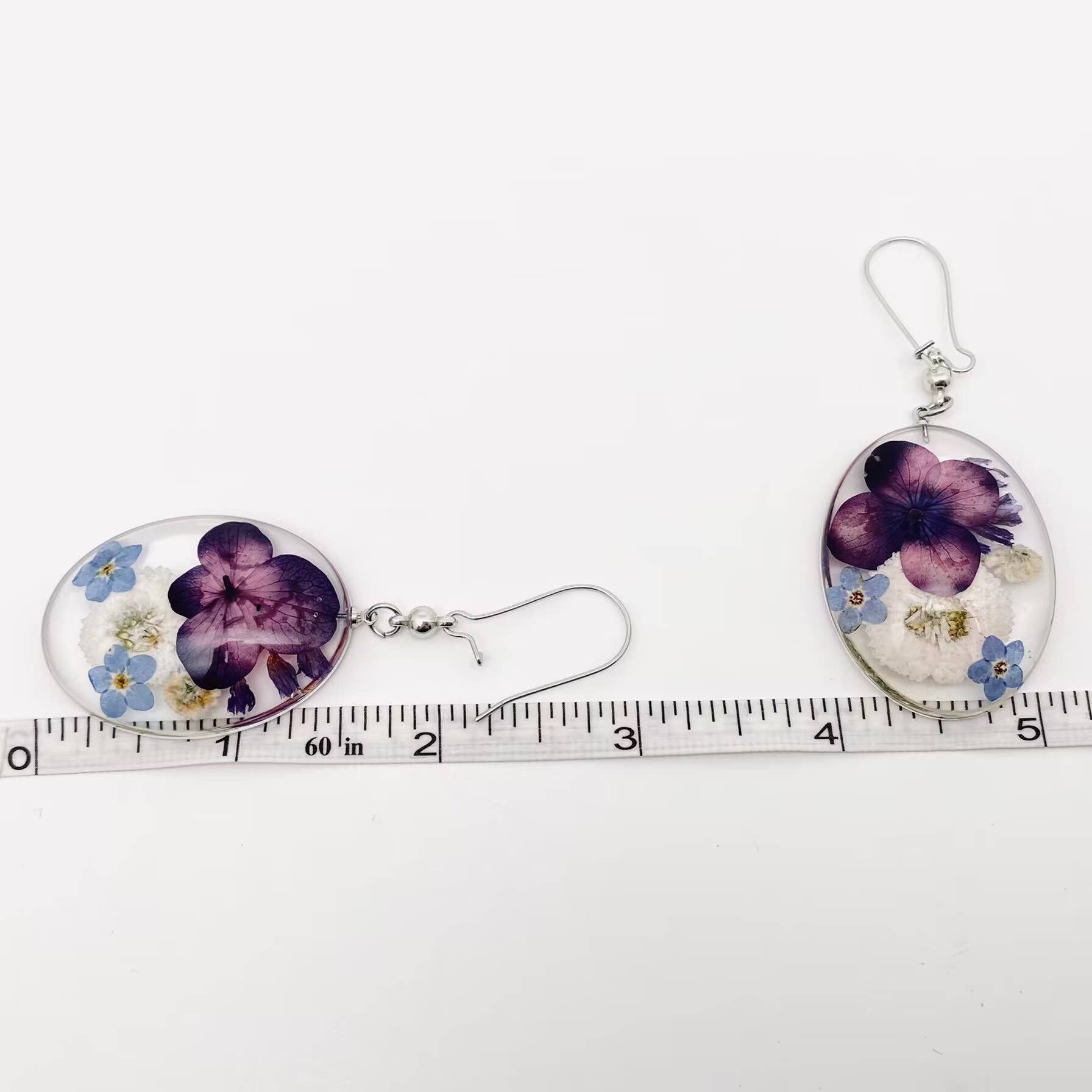 Genuine Pressed Flowers Earrings Dangle Silver Hook, Egg, Purple/Ivory/Blue, Chrysanthemum, Forget-Me-Not