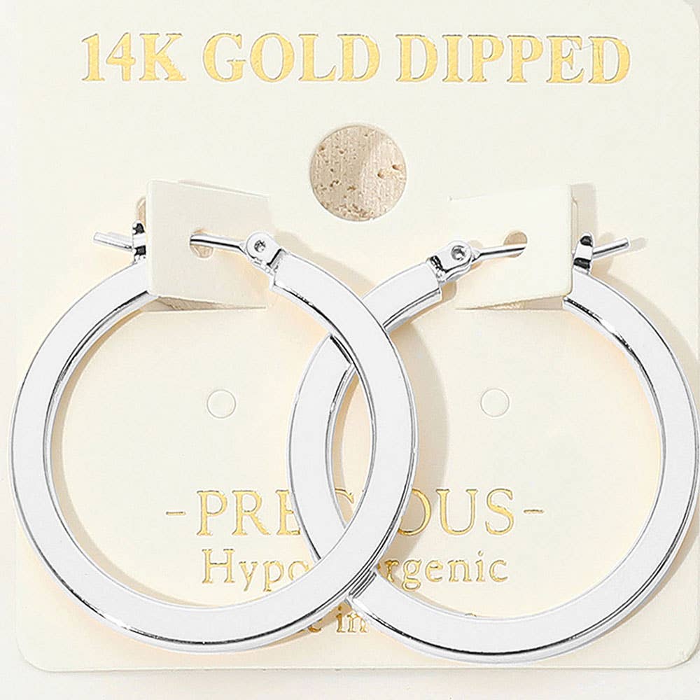 14K Gold Dipped Hypoallergenic Flat Pin Catch 1.25" DIA Hoop Earrings: Rhodium Silver