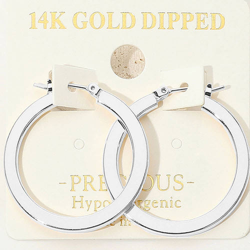 14K Gold Dipped Hypoallergenic Flat Pin Catch 1.25" DIA Hoop Earrings: Rhodium Silver