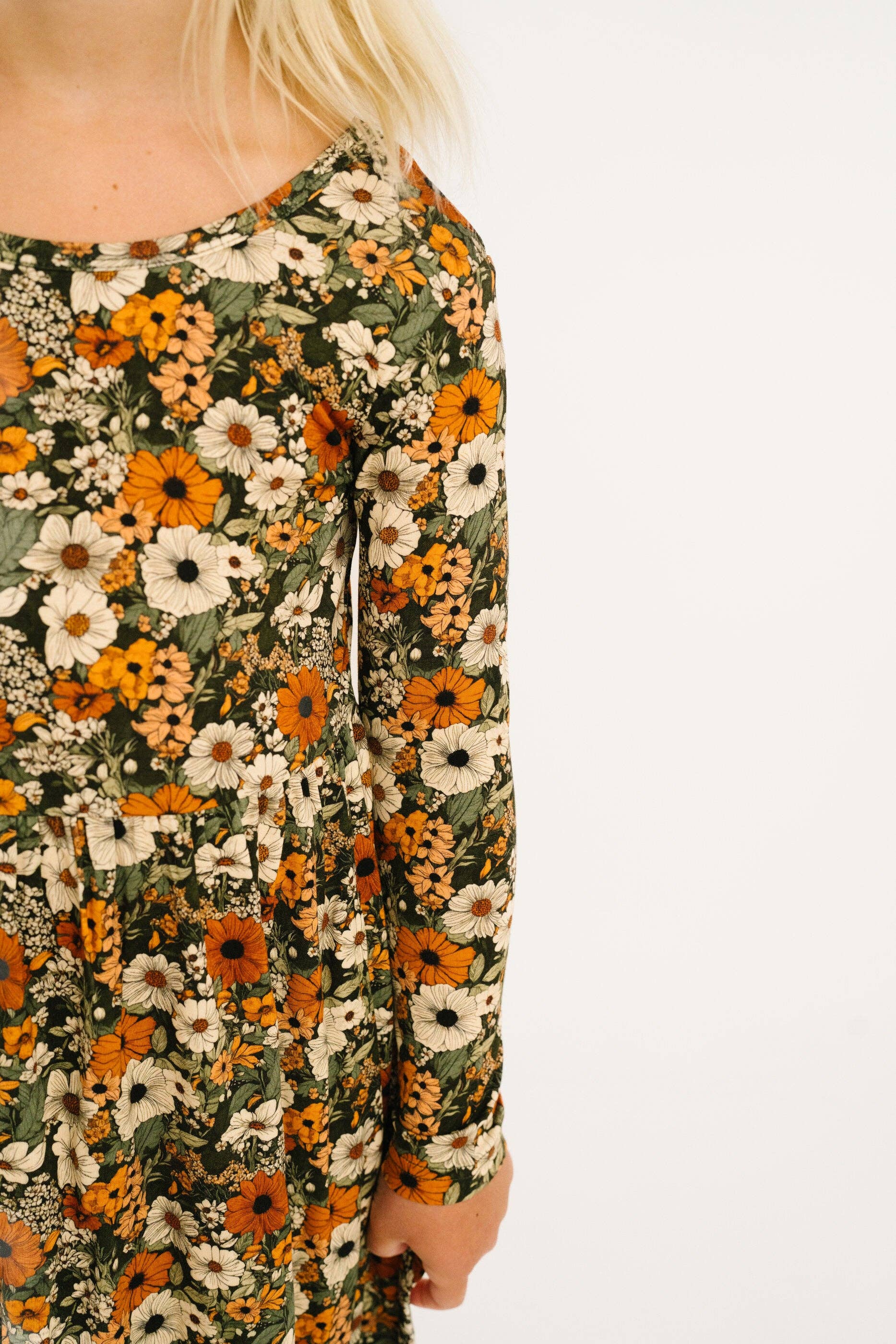 Bamboo L/S Twirl Dress - Green & Burnt Orange, Rustic Blooms