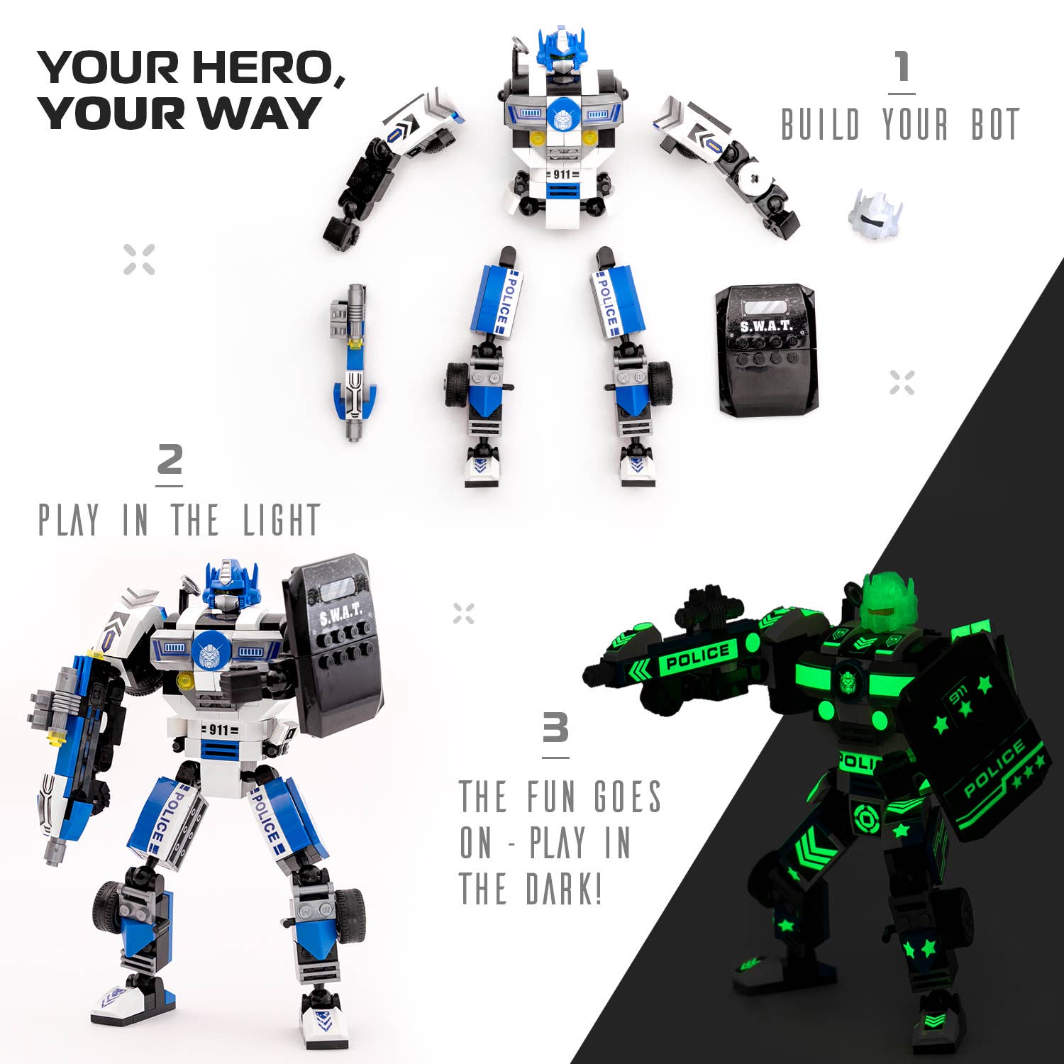 Robotryx Block Builder Set 3-in-1 (279 pc), Ages 6Y-Adult, Police Glow-in-the-Dark, Voltroid