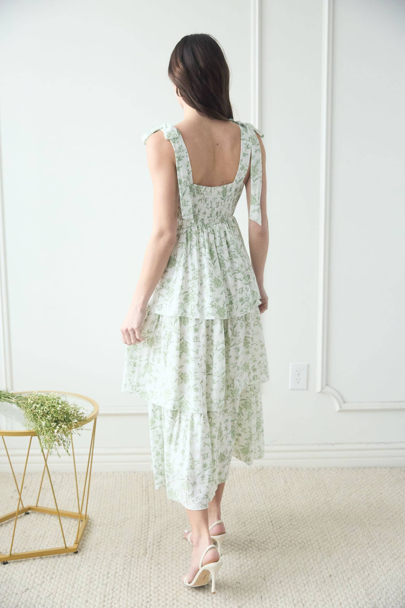 Women's Tie Strap Floral Tiered Midi Sun Dress - Sage Green Floral
