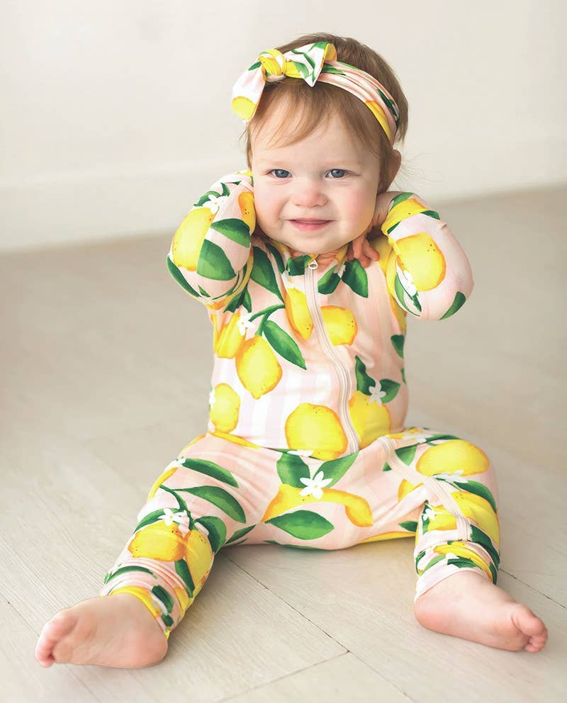 Bamboo Zippered L/S Convertible Ruffled Romper - Pink Stripe Lemons