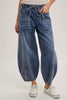 Barrel Jeans, Mid-Waist, Drawstring Top - Medium Wash