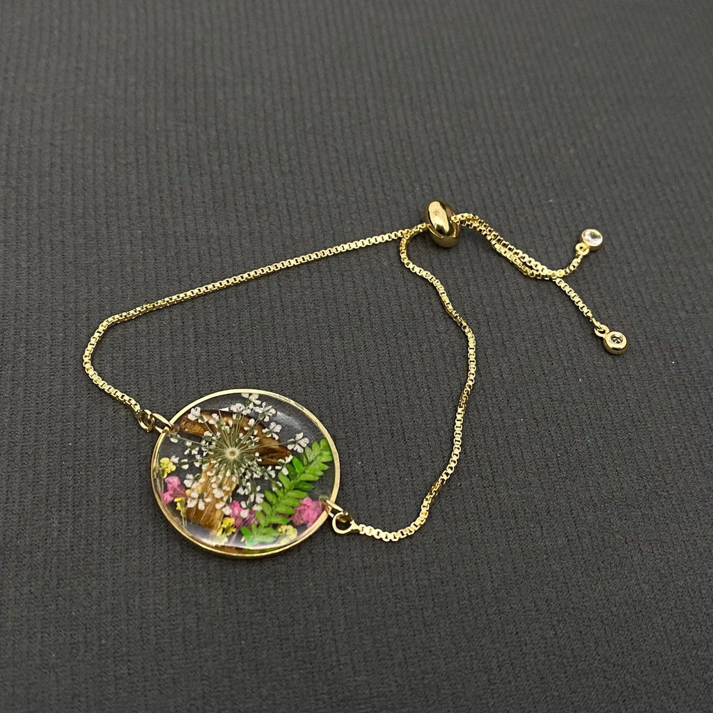 Genuine Pressed Flowers 18K Gold Plated Bracelet - Single 1"DIA Round - Mushroom