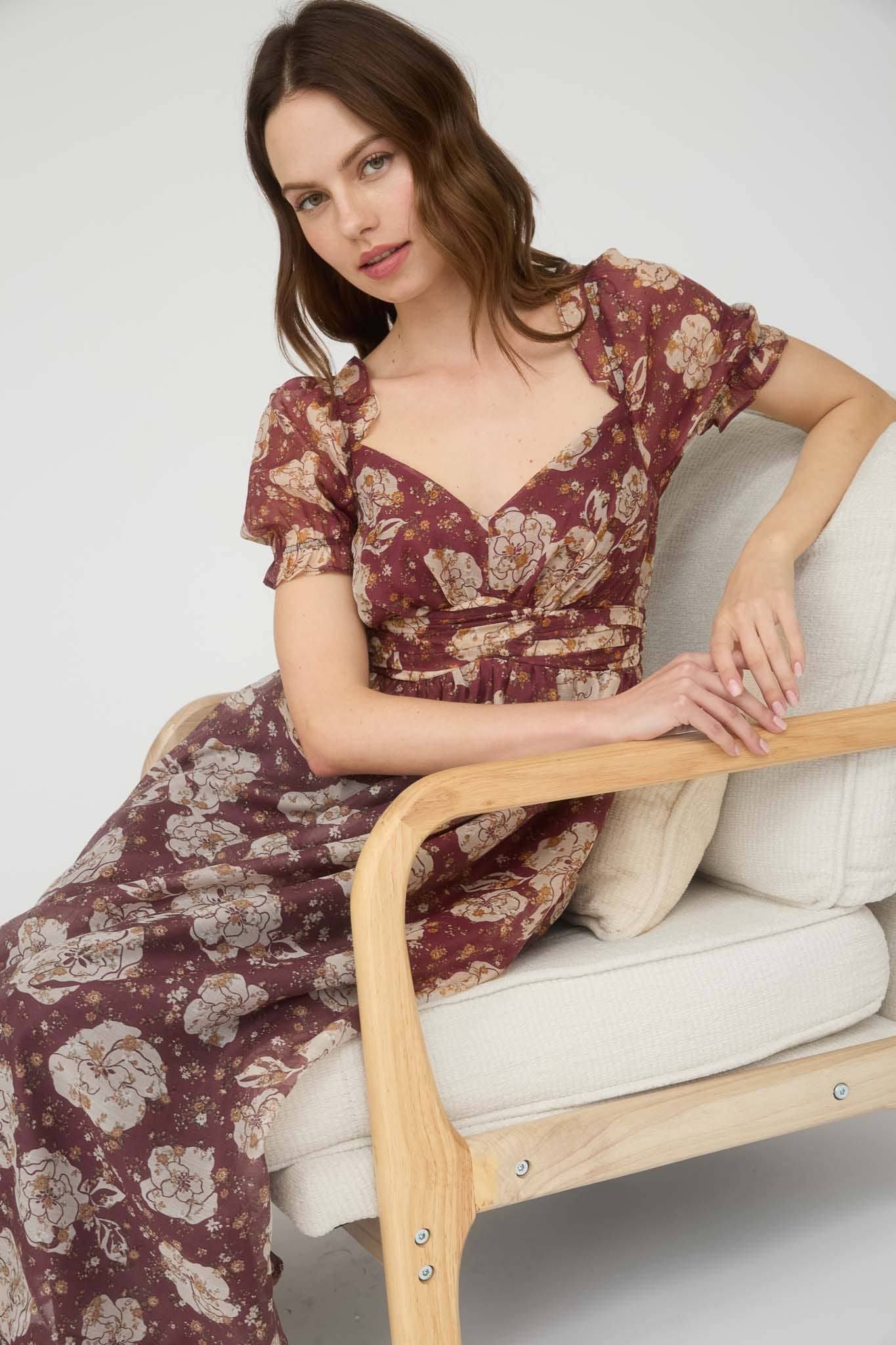 Women's Floral Sweetheart Neckline Back Tie Midi Length Dress - Autumn Floral