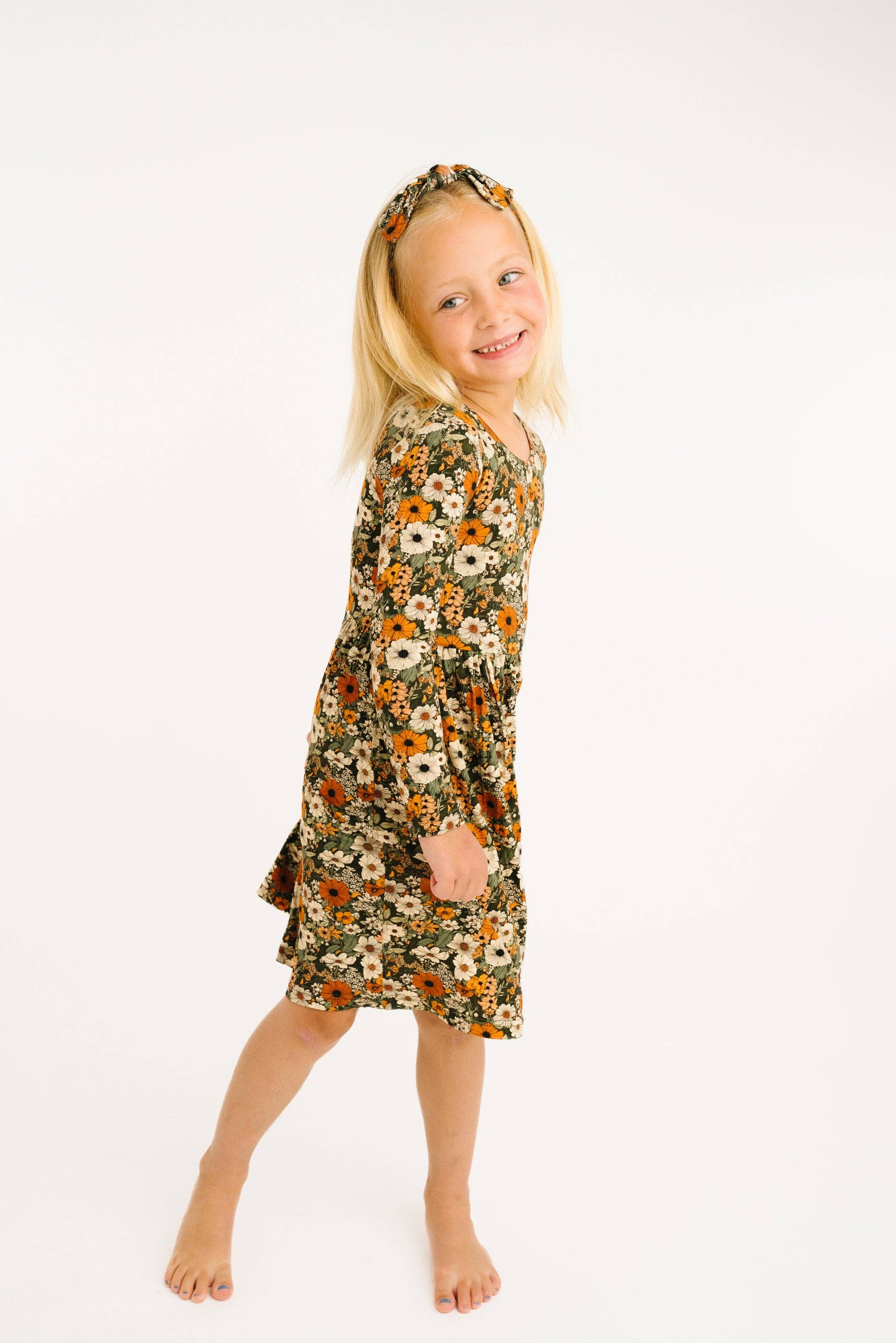 Bamboo L/S Twirl Dress - Green & Burnt Orange, Rustic Blooms