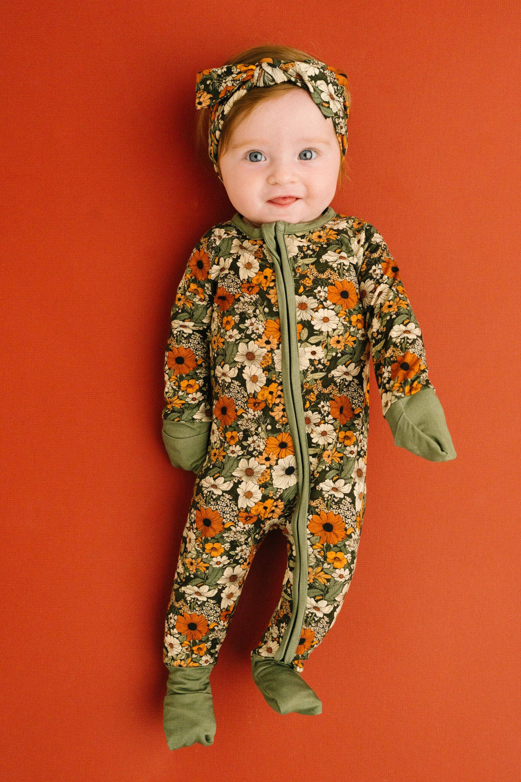 Bamboo Zippered L/S Convertible Romper - Green & Burnt Orange, Rustic Blooms