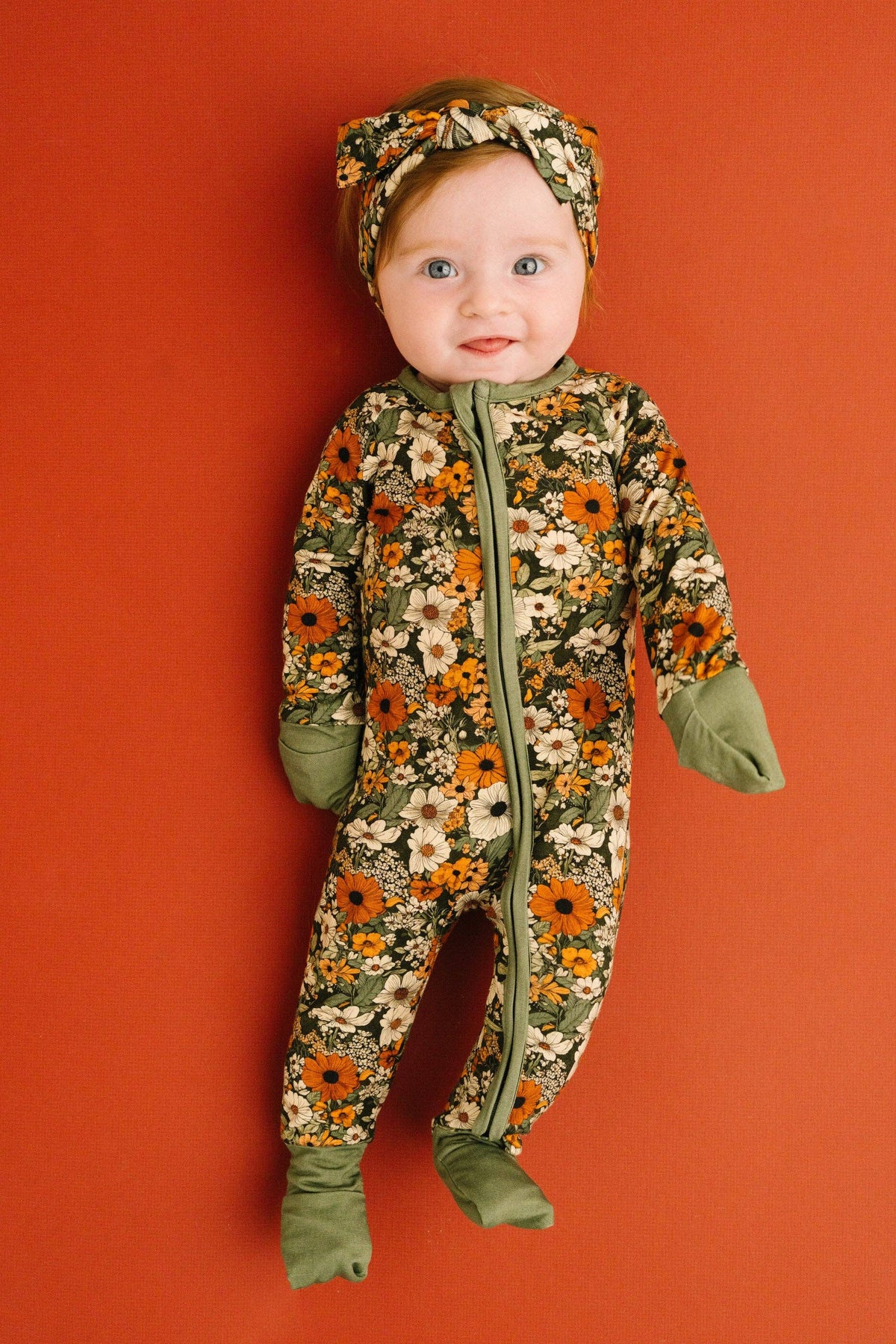 Bamboo Zippered L/S Convertible Romper - Green & Burnt Orange, Rustic Blooms