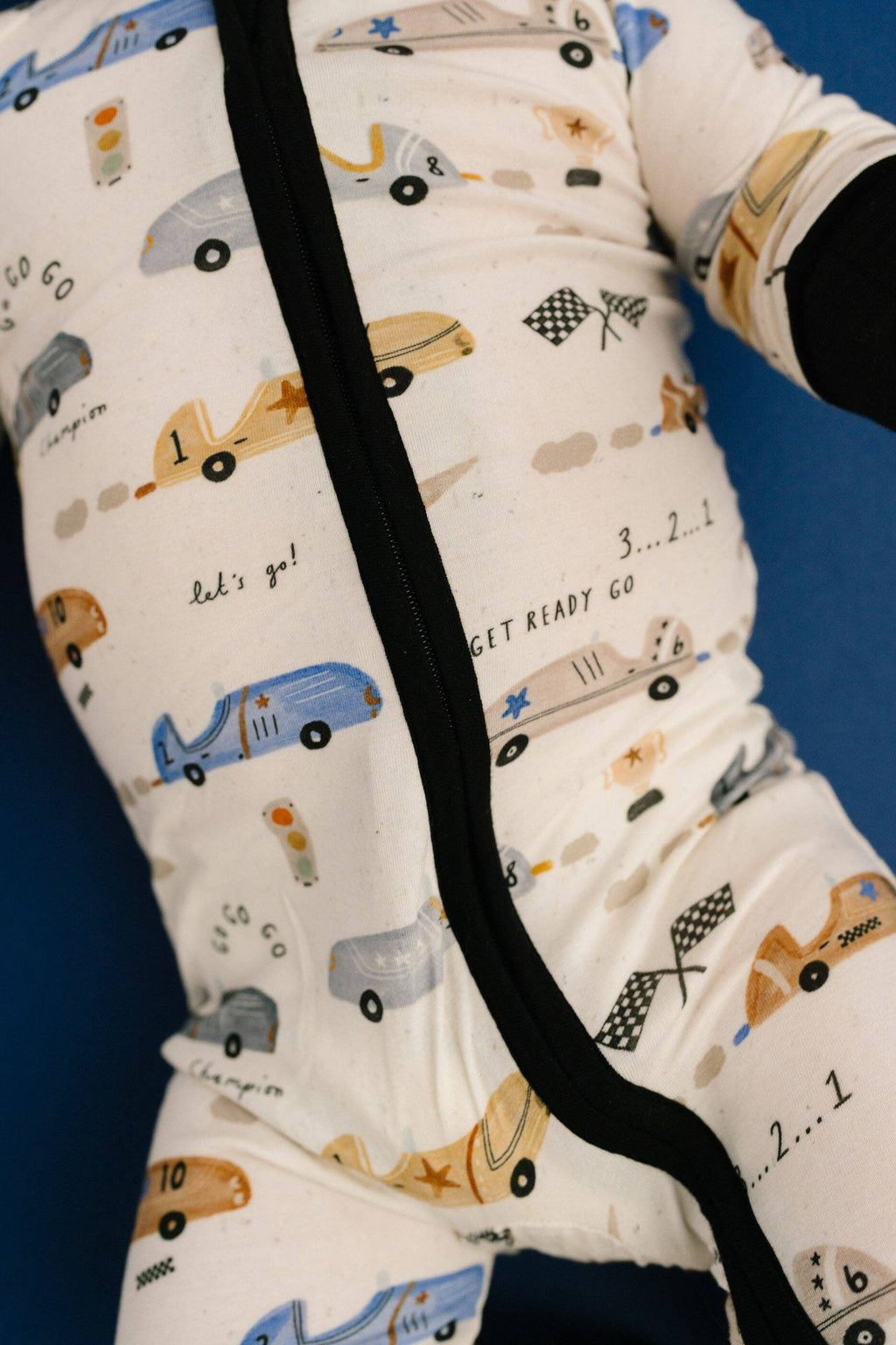 Bamboo Zippered L/S Convertible Romper - Vintage Speedway Race Cars, Black