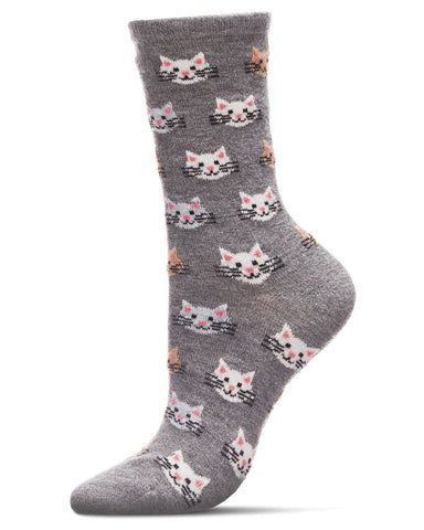 Women's Cashmere Blend Crew Socks - Cat Face, Grey Heather