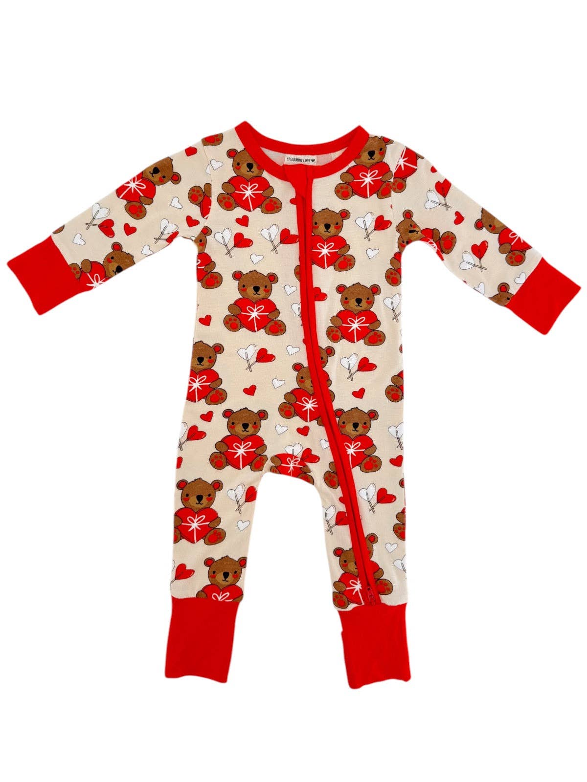 SpearmintLOVE Bamboo 2-Way Convertible Zip Romper, Valentine Love Bear Hearts