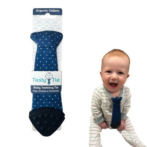 Tasty Tie Teether, Crinkle Toy, Baby Boy Gift (Blue Polkadot)