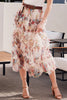 Women's/Junior Floral Ruffled Tulle Midi Length Skirt - Cream and Maroon