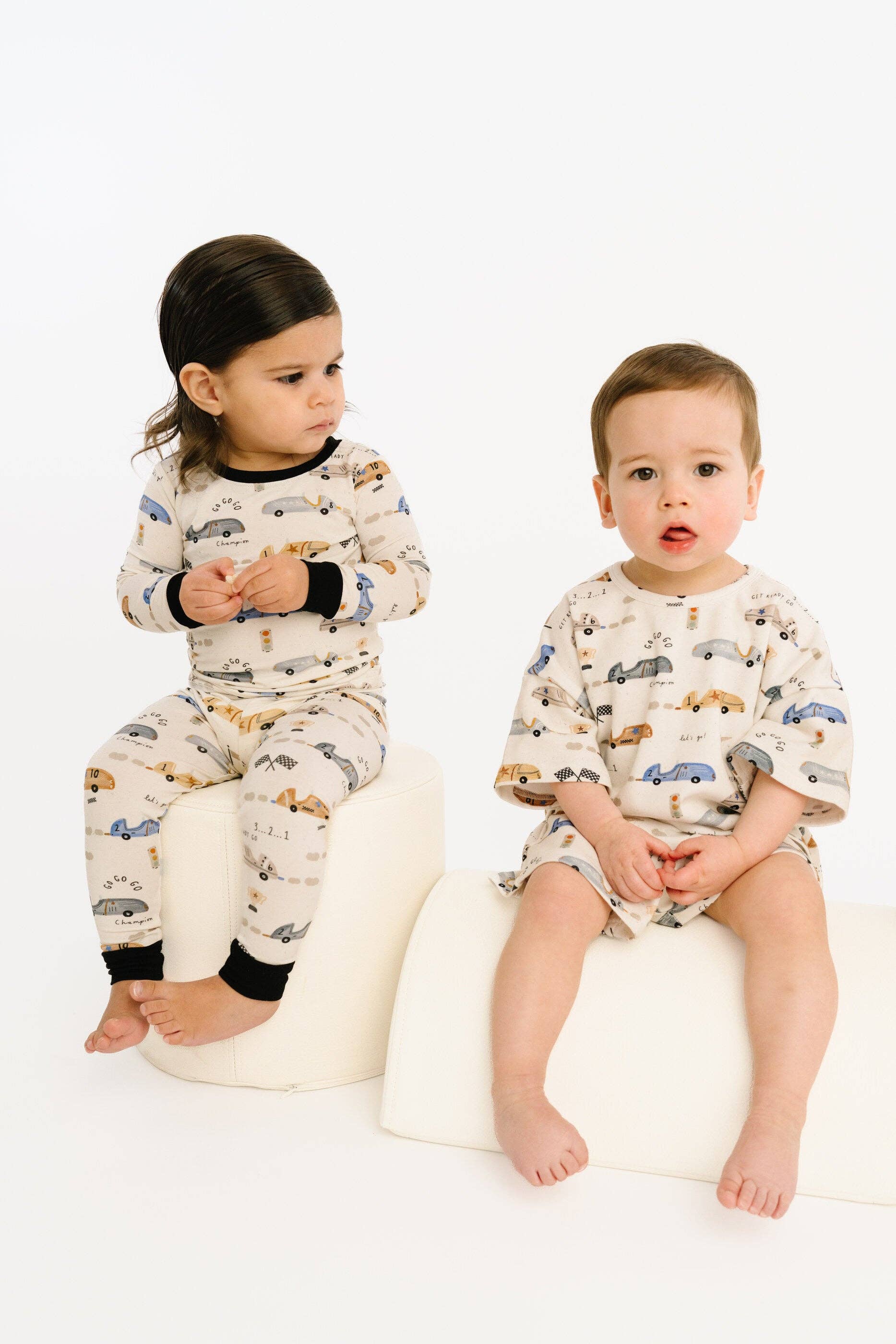 Bamboo 2PC L/S Kids PJs - Vintage Race Cars, B/W