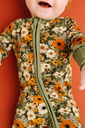 Bamboo Zippered L/S Convertible Romper - Green & Burnt Orange, Rustic Blooms