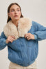 Bluivy Detachable Faux Fur Collar Lined Zippered Denim Jacket