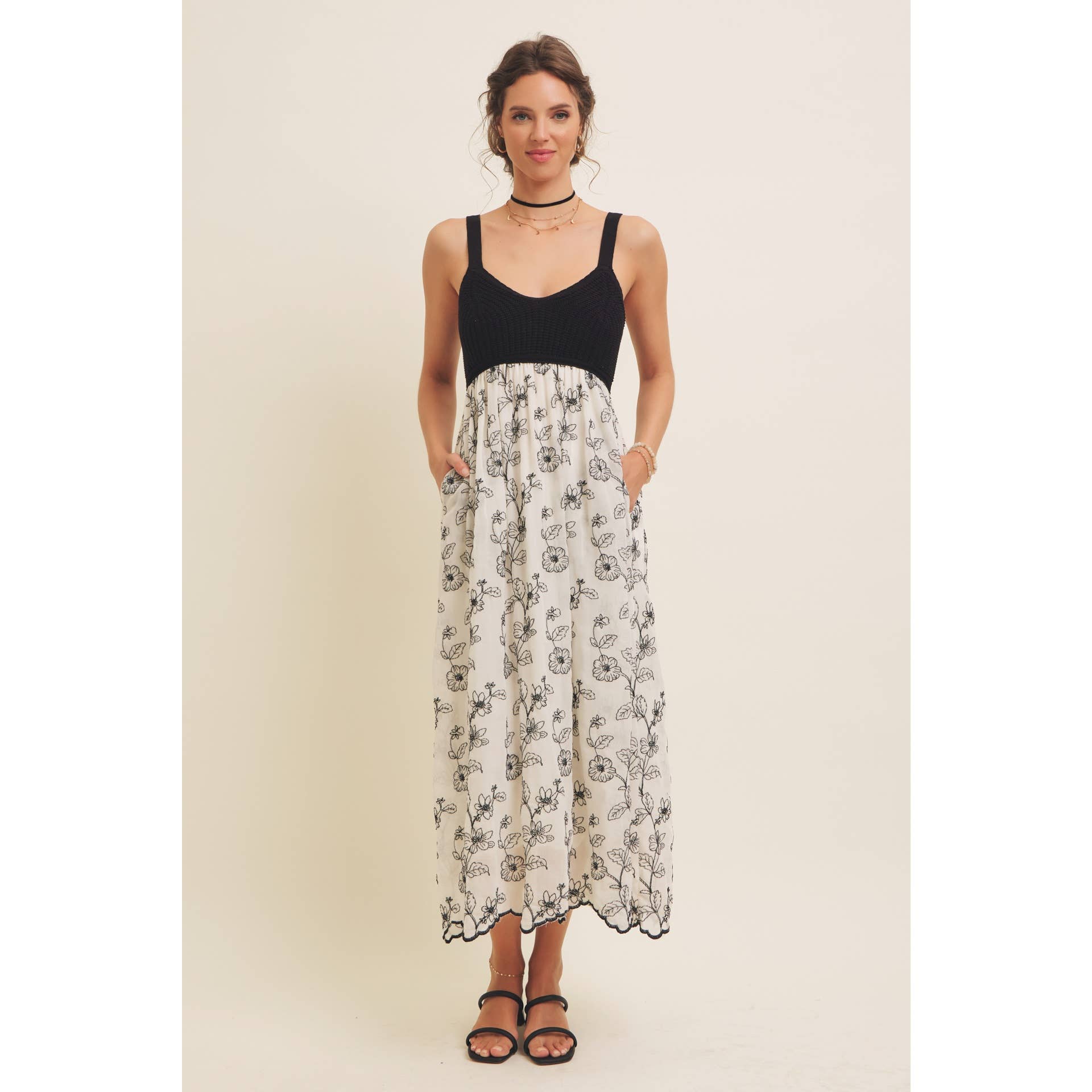 Women's Knit Spaghetti Top Two-fer Embroidered Midi Sun Dress with Pockets, Cream and Black