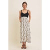 Women's Knit Spaghetti Top Two-fer Embroidered Midi Sun Dress with Pockets, Cream and Black