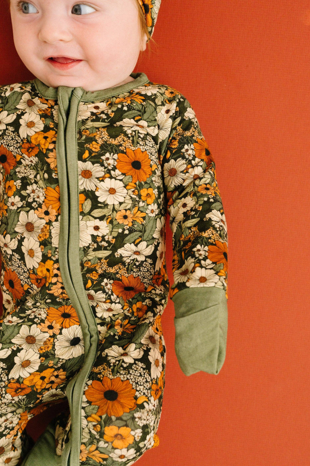 Bamboo Zippered L/S Convertible Romper - Green & Burnt Orange, Rustic Blooms