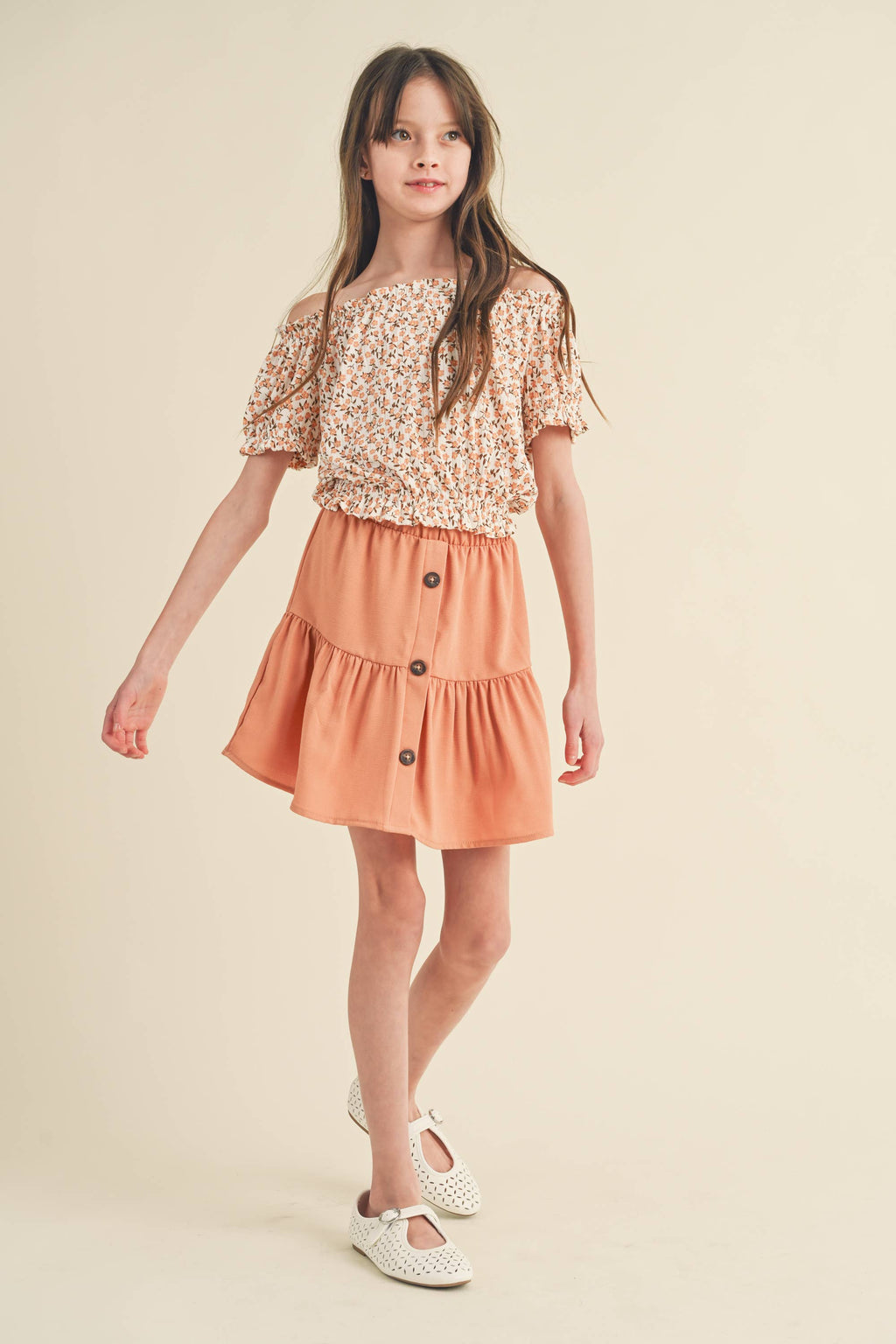 tween and teen girls off shoulder peasant floral top and twirl skirt