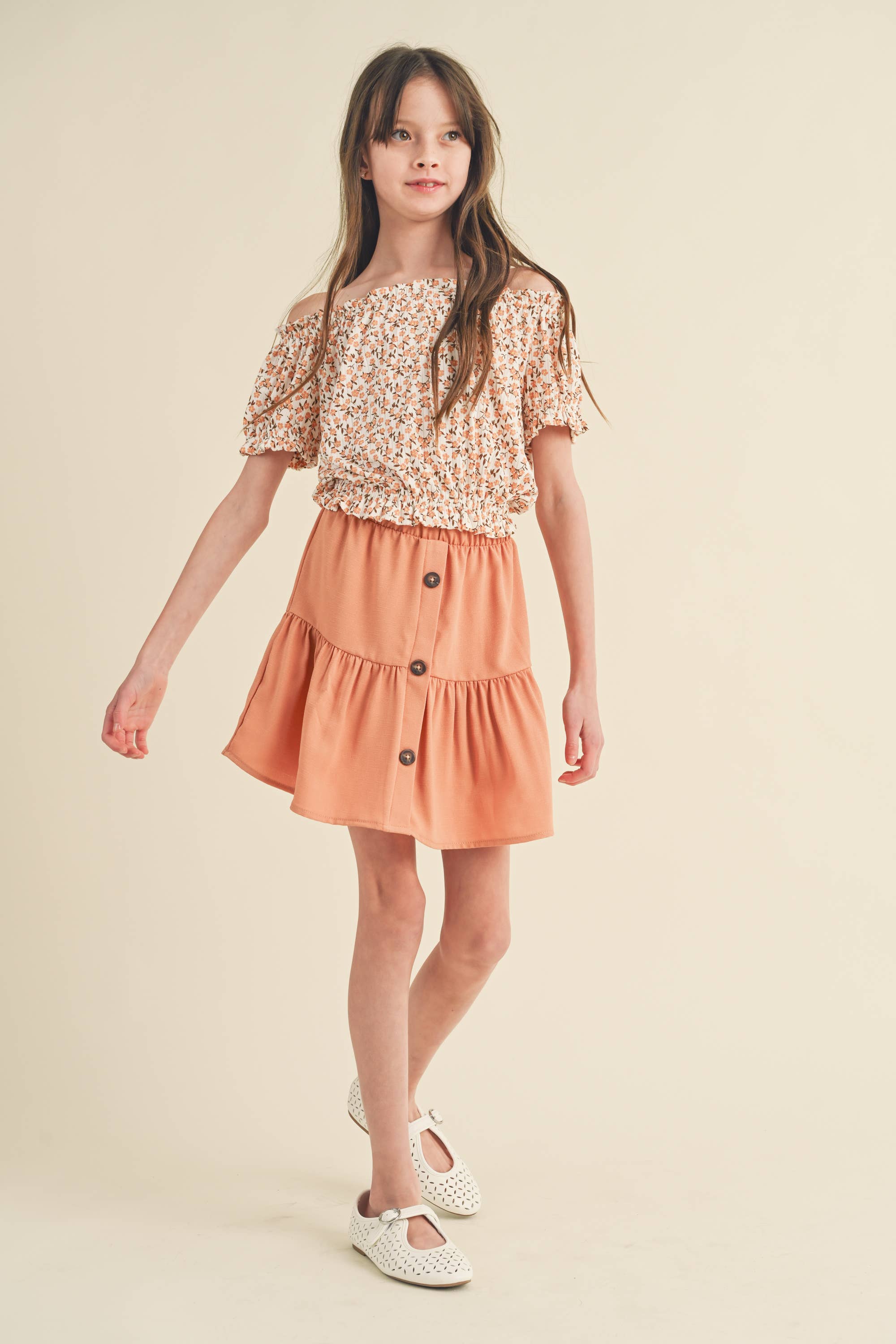 tween and teen girls off shoulder peasant floral top and twirl skirt