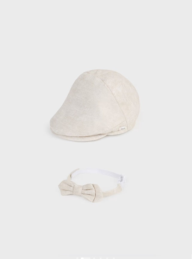 Mayoral baby paperboy hat & bow tie set, linen, front view