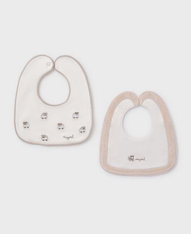 9950 Baby Boys Waterproof Embroidered Velour 2PC Snap Bib Set - Neutral Tan Milk Train