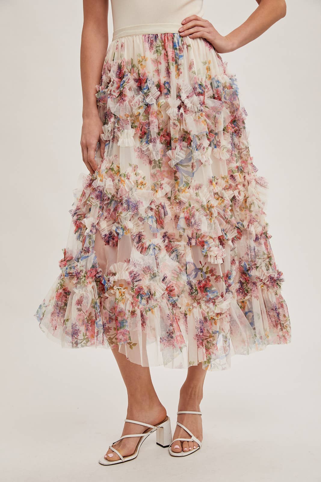 Women's/Junior Floral Ruffled Tulle Midi Length Skirt - Cream and Maroon