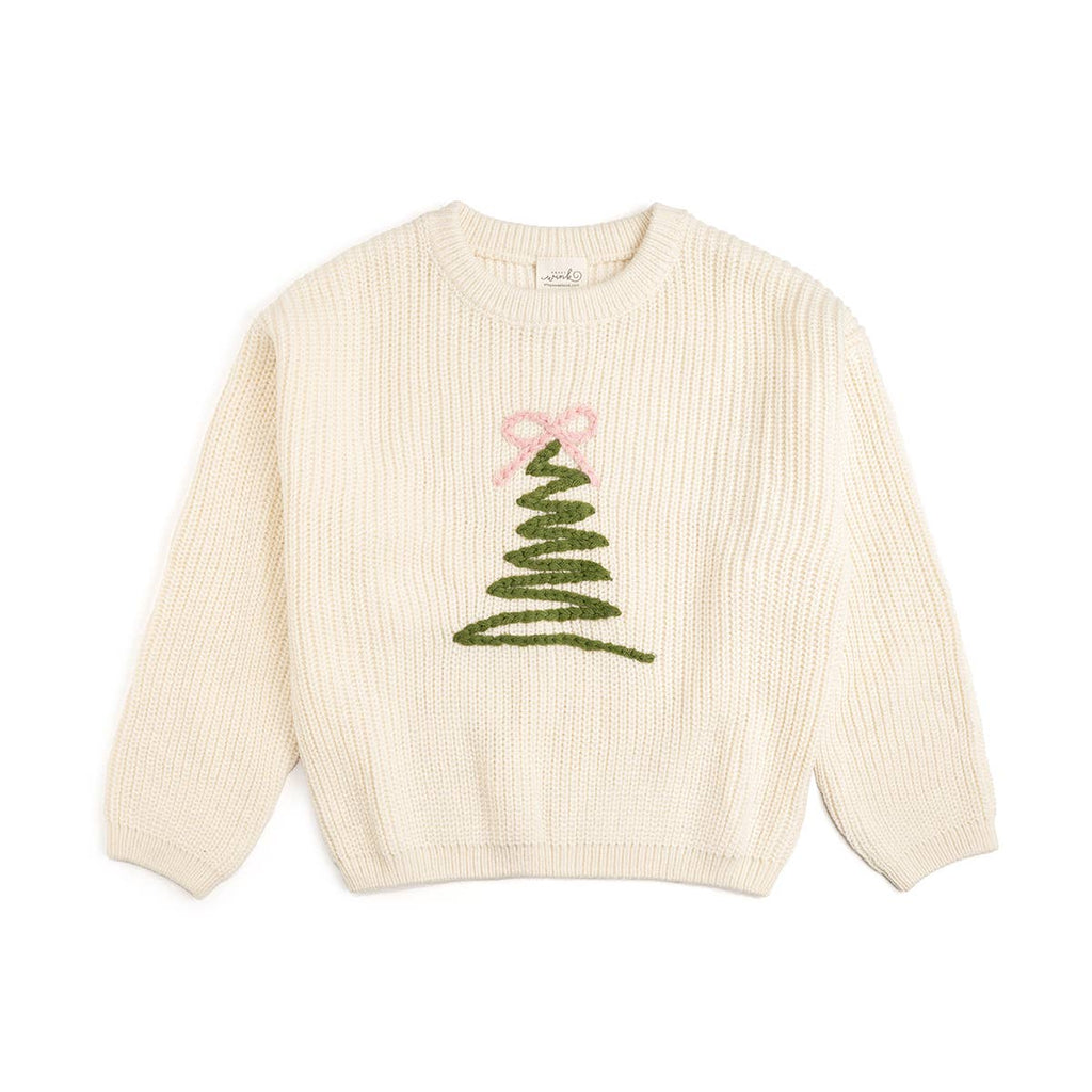 Mini Girls Coquette Christmas Tree Knit Sweater - Ivory Green Pink