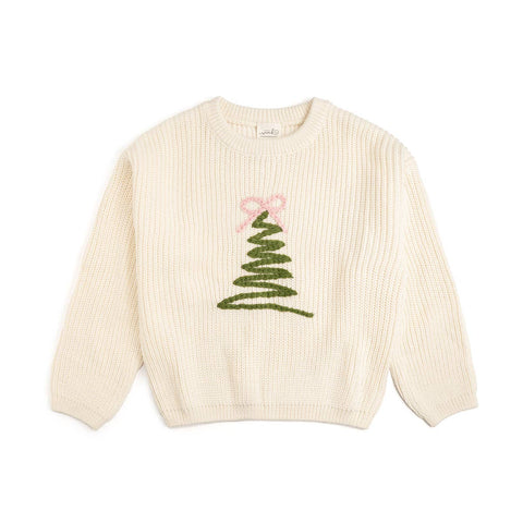 Mini Girls Coquette Christmas Tree Knit Sweater - Ivory Green Pink