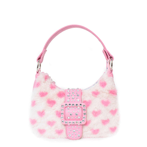 Plush Heart Printed Pink Mini Crescent Bag