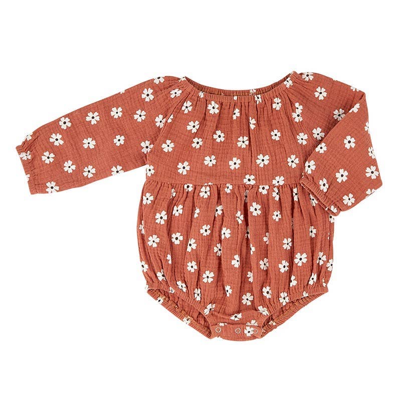 100% Cotton Muslin L/S Bubble Romper - Rust Daisy