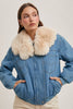 Bluivy Detachable Faux Fur Collar Lined Zippered Denim Jacket