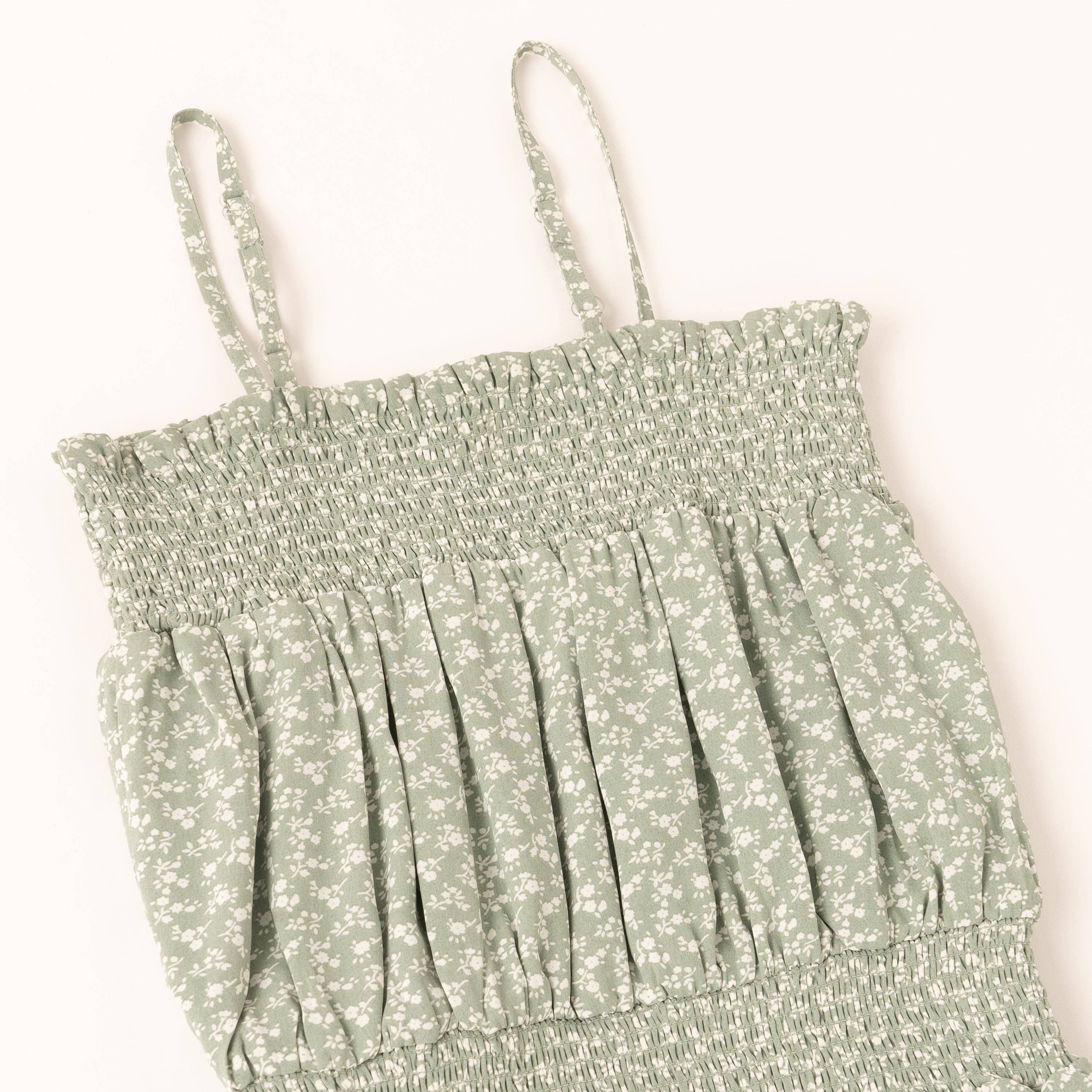 Mini/Tween Girls Ditsy Daisy Smock Waist Sun Dress: Light Sage Green with White Micro Flowers