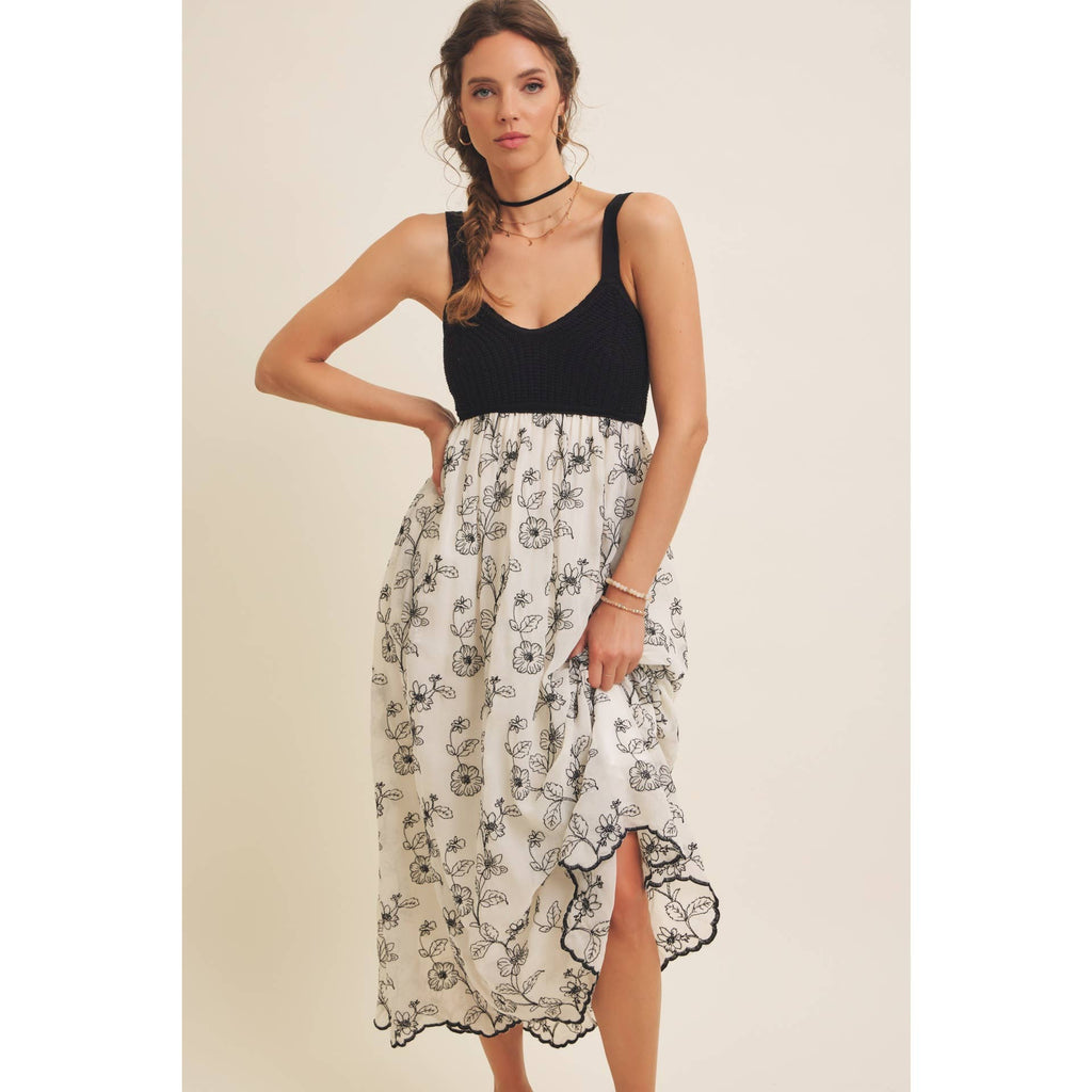 Women's Knit Spaghetti Top Two-fer Embroidered Midi Sun Dress with Pockets, Cream and Black