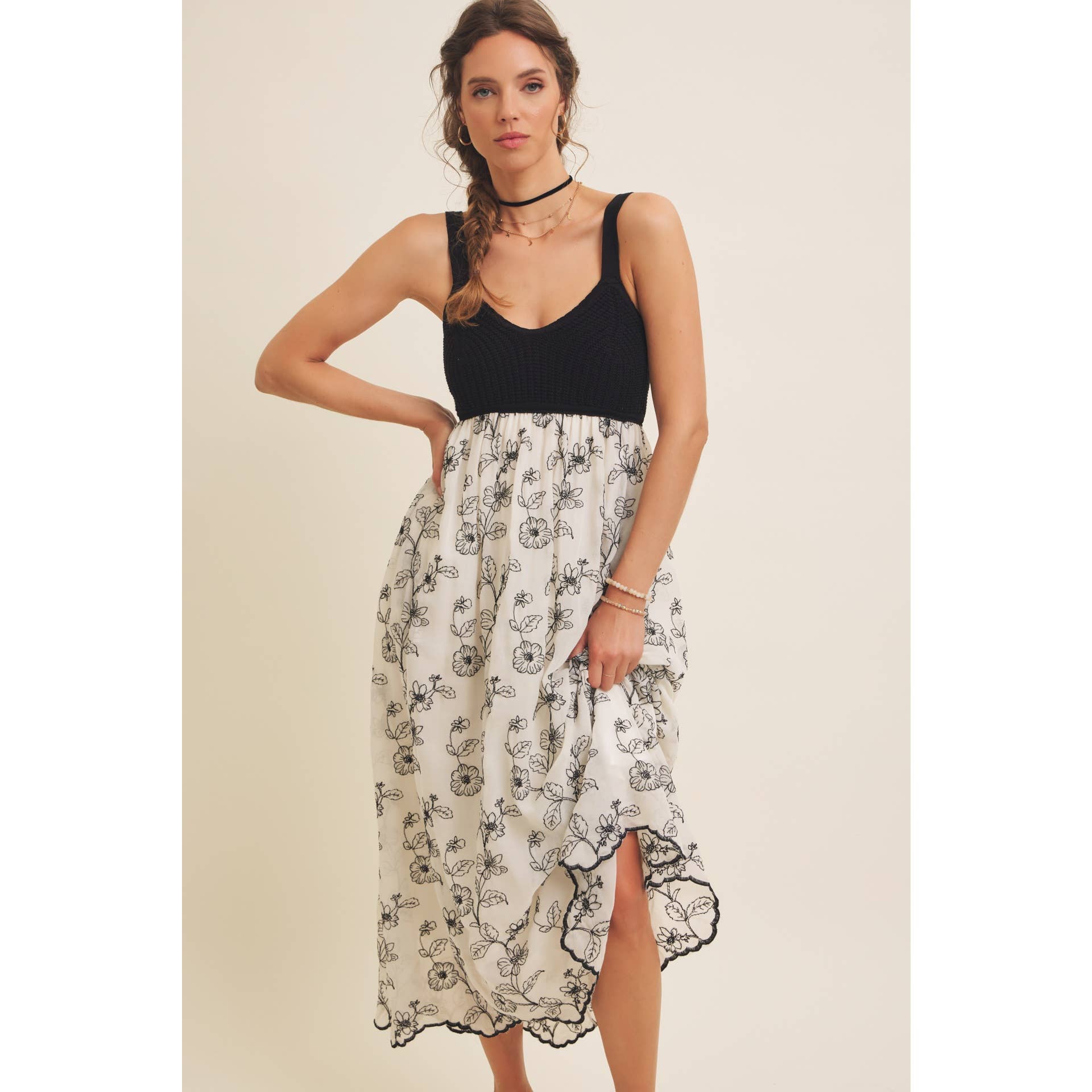 Women's Knit Spaghetti Top Two-fer Embroidered Midi Sun Dress with Pockets, Cream and Black