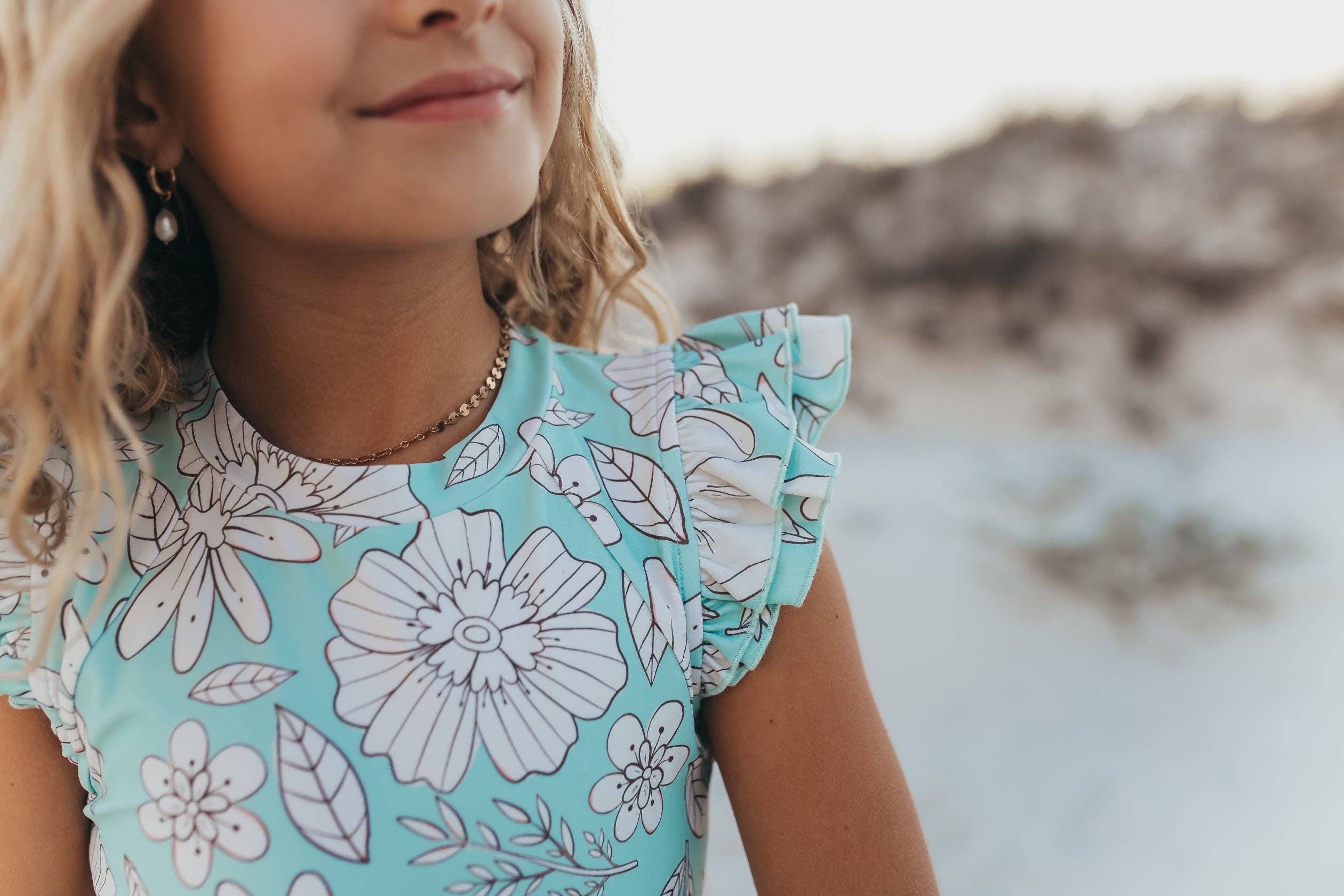 Oopsie Kids Mint Floral Open Back One Piece Ruffle Swimsuit - Mint/White Floral