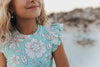 Oopsie Kids Mint Floral Open Back One Piece Ruffle Swimsuit - Mint/White Floral