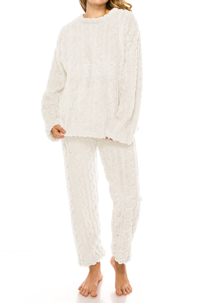 Adult Women's Cable Fuzzy Sherpa Fleece PJ Set: Ivory