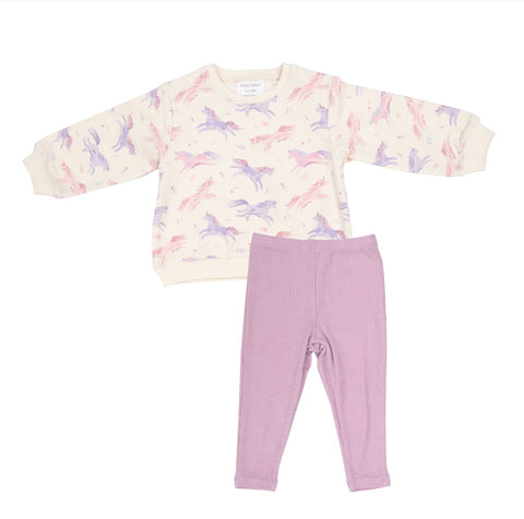 Angel Dear Organic Cotton French Terry Puffy Sleeve Sweatshirt & Legging Set - Lavender Dreamy Unicorns